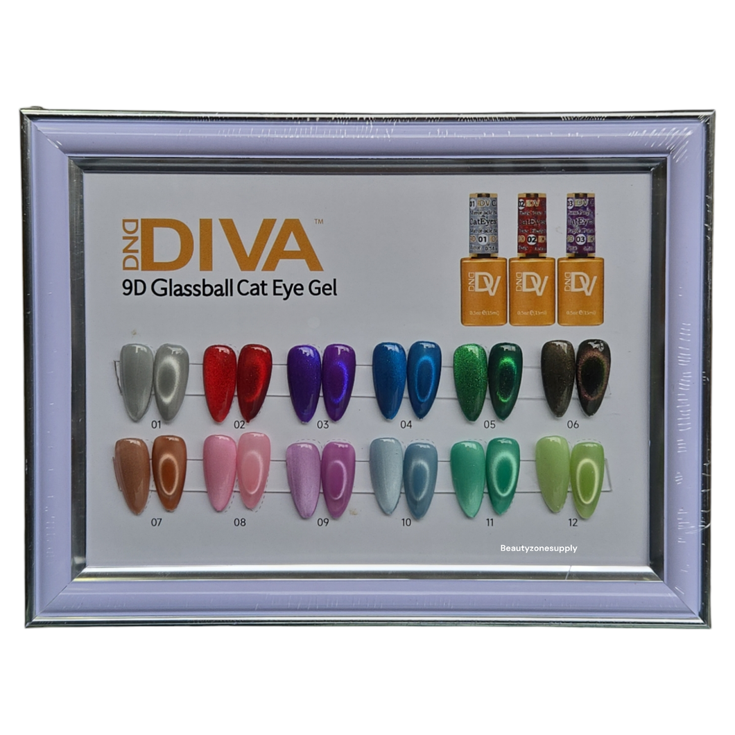 DND Diva Framed Color Swatches Set 01 to 12 9D Glassball Cat Eye Gel